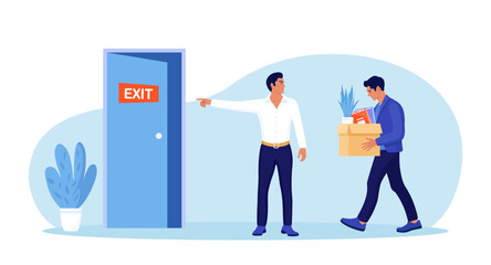 Bankrupt boss dismisses employee. Fired sad person leaves the office with stuff in box in his hands. Financial crisis and unemployment. Dismissal and jobless, layoff. Job loss due to crisis
