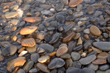 A pure transparent sea wave rolls over the rocky pebble shore, the concept of rest and travel, tranquility, relaxation and reflection on a warm summer day, close-up.