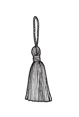 vector black and white image of a tassel pendant in doodle style, coloring book, for tag, sticker, postcard, wish, icon