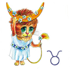 Zodiac signs, taurus. Watercolor illustration for girls, horoscope