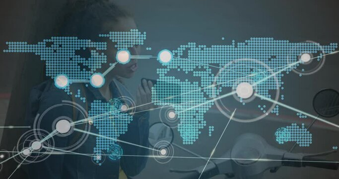 Animation of network of connections with world map over biracial woman using smartphone - Powered by Adobe