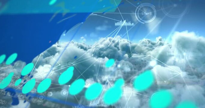 Animation of graph, world map and network processing data over blue cloudy sky