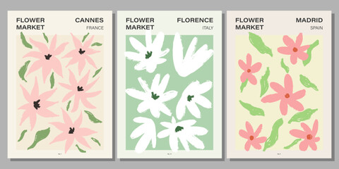 Flower market poster set. Abstract floral illustration. Botanical wall art collection, vintage poster aesthetic. Vector illustration	