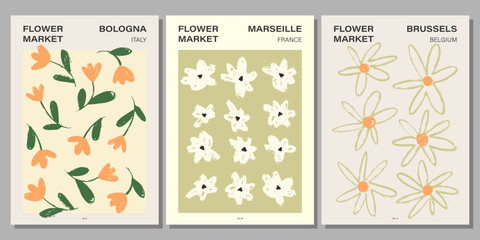 Fototapeta na wymiar Flower market poster set. Abstract floral illustration. Botanical wall art collection, vintage poster aesthetic. Vector illustration 