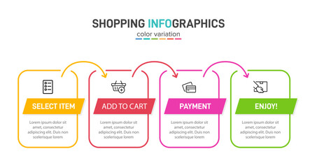 Concept of shopping process with 4 successive steps. Four colorful graphic elements. Timeline design for brochure, presentation, web site. Infographic design layout.