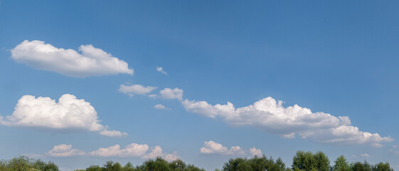 Pojedyncze chmury w krajobrazie wiejskim pośrodku samotnego pola, pora letnia Opolszczyzna, błękitne barwy - obrazy, fototapety, plakaty