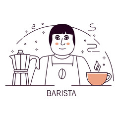 Working as barista in cafeteria.Man making coffee.Cafe counter.Doodle sketch style.Coffee machine appliance.Coffee break concept. Outline vector illustration.