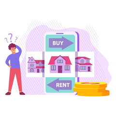 Fototapeta na wymiar The choice of renting an apartment or buying a house.Vector flat illustration.A man thinks about housing.Facade of a suburban house.Mobile app rent.
