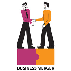 Mergers and acquisitions.Partnership or work together.Business team constructing.Negotiation to make agreement businessmen about to shaking hand. Isolated on white background. Vector flat illustration