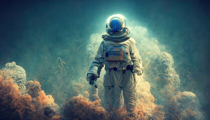 An astronaut explores an alien planet. Science fiction. 3D render