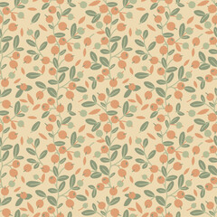 Seamless vintage pattern with berries and leaves. Wild berries, blueberry plant, simple retro vector wallpaper. Textile, fabric summer floral design.
