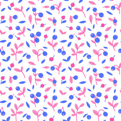 Seamless pattern with berries and leaves on a white background. Wild berries, blueberry simple  wallpaper. Textile, fabric summer floral design.