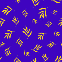 Fototapeta na wymiar Vector illustration of bright yellow leaves of tropical plants forming seamless pattern on purple background