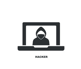 Hacker is cybercriminal who steals user's personal data with laptop. Hacker attack and web security. editable vector.
