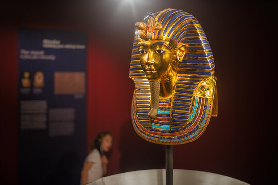 Brno, Czech Republic - August 16 2022: Exhibition with replicas of original Egyptian pieces, dedicated to Tutankhamun. Mask of Tutankhamun.
