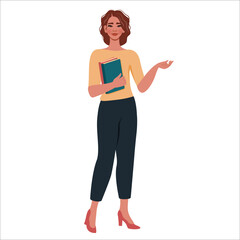 School teacher isolated. Beautiful smiling, young woman holding book. Confident girl, office worker, college student. Female character teaching lesson. Education, business concept. Vector illustration
