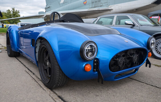 Sports car Shelby Cobra manufactured by British company AC Cars is presented at the festival of vintage cars in Kyiv