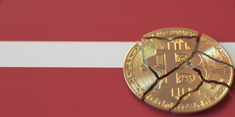 Flag of Latvia and broken bitcoin. Cryptocurrency ban or crypto legal issues concepts, 3d rendering