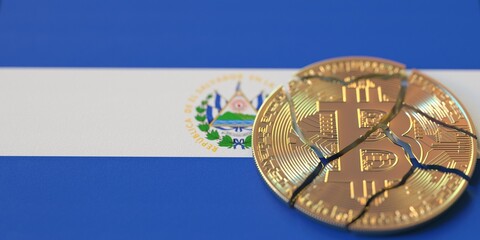 Flag of El Salvador and destroyed bitcoin. Cryptocurrency ban or restrictions related 3d rendering