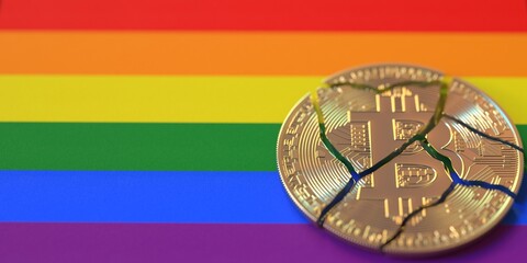 Broken bitcoin on the LGBTQ flag. 3D rendering