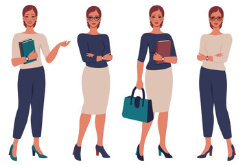 Fototapeta premium Collection of beautiful young women. Female flat character in different poses. Businesswoman, office worker, School or college teacher. Education, study, business concept. Vector cartoon illustration