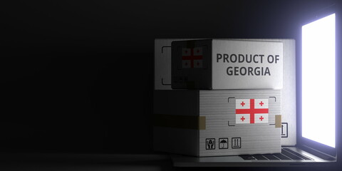 Cartons with PRODUCT OF GEORGIA text and flag on the laptop, black background. 3D rendering