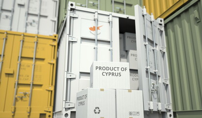 Boxes with goods from Cyprus and cargo containers. National economy related conceptual 3D rendering