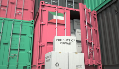 Cardboard boxes with goods from Kuwait and cargo containers. Industry and logistics related conceptual 3D rendering