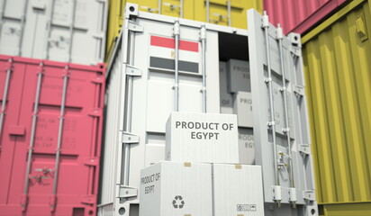 Cardboard boxes with goods from Egypt and cargo containers. Industry and logistics related conceptual 3D rendering