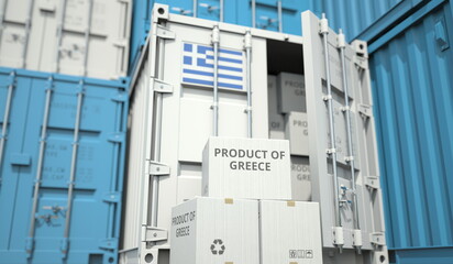 Cardboard boxes with goods from Greece and cargo containers. Industry and logistics related conceptual 3D rendering
