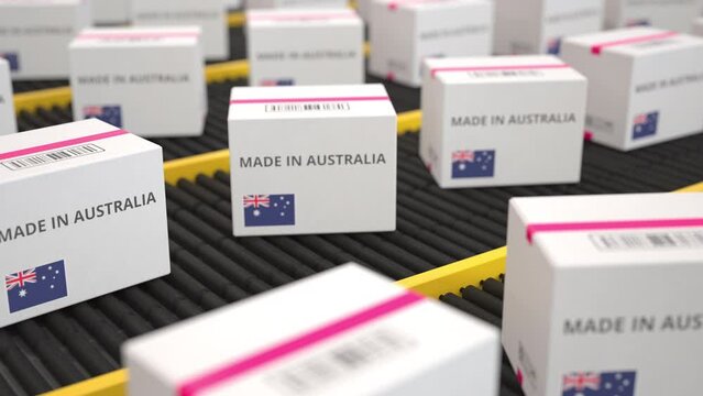 White boxes with MADE IN AUSTRALIA text on conveyor. Seamless loopable 3D animation