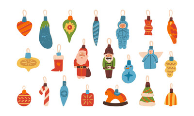Retro baubles, vintage Christmas tree decoration set. Santa Claus, snowman, nutcracker, parrot, Dala horse, candy cane
