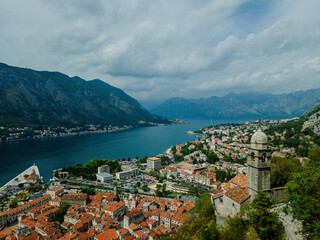 Naklejka na ściany i meble Travel. The ancient city of Kotor. Montenegro. Aerial view.