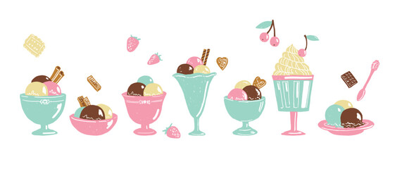 The set of ice cream in bowl sketch vector illustrations. Isolated elements.