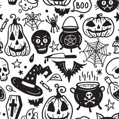 Monochrome seamless pattern of horror Halloween hand drawn doodle elements. Halloween background of magic elements. Pumpkins, ghost, skull, black cat, pot, hat.