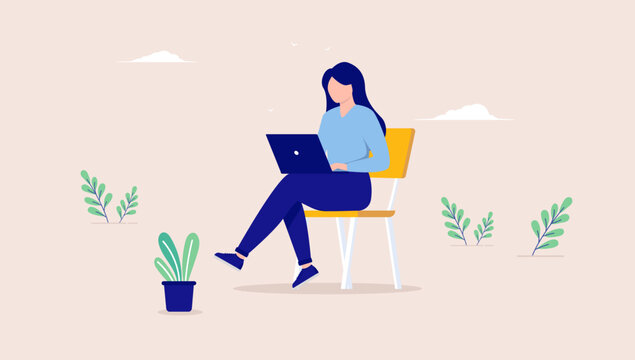 Woman working alone on computer sitting in chair with crossed legs. Flat design vector illustration