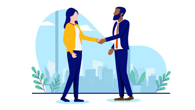 Diversity handshake - Caucasian woman and black man shaking hands in business deal. Flat design vector illustration with white background