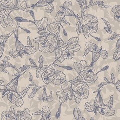 Elegant freesia hand drawn seamless vector pattern in grey and dark blue. Great for retro  wallpaper, backgrounds, home decor and autumn fashion fabrics.