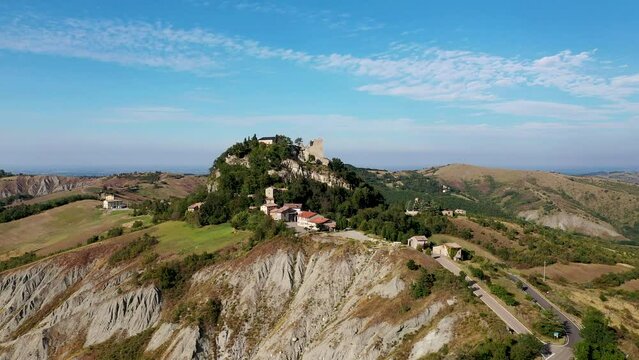 Aerial view of Canossa Castle in summer. The castle is located near Reggio Emilia, Emilia Romagna, Northern Italy