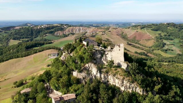Aerial view of Canossa Castle in summer. The castle is located near Reggio Emilia, Emilia Romagna, Northern Italy