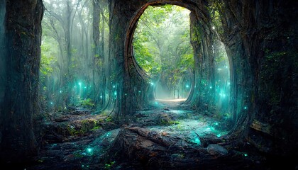 Fantasy magic portal. Portal in the elven forest to another world. Digital art. Illustration. Painting. Hyper-realistic. 3D illustration