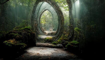 Fantasy magic portal. Portal in the elven forest to another world. Digital art. Illustration. Painting. Hyper-realistic. 3D illustration - obrazy, fototapety, plakaty