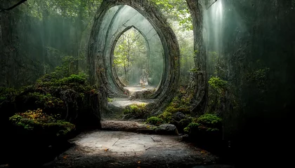 Poster Fantasy magic portal. Portal in the elven forest to another world. Digital art. Illustration. Painting. Hyper-realistic. 3D illustration © DZMITRY