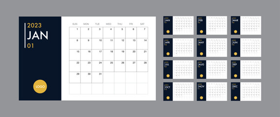 Calendar template for 2023 year. Planner diary in a minimalist style. Corporate and business calendar. 2023 calendar in minimal table and blue and yellow color event planner, Week Starts Sunday