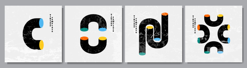 Vector illustration. Hand drawn art. Abstract posters set. Contemporary modern backgrounds. Mid century wall decor. Design elements for social media template, blog post. 50s, 60s retro graphics