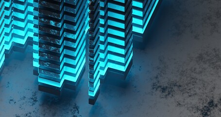 abstract background using the geometric pattern of overlapping cubes in neon blue color, partial blank space, 3d rendering, and 4K size