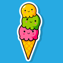 Sticker of three multicolored ice cream balls. Vector illustration.