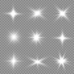 Glow bright light star, white sun rays, sunshine.