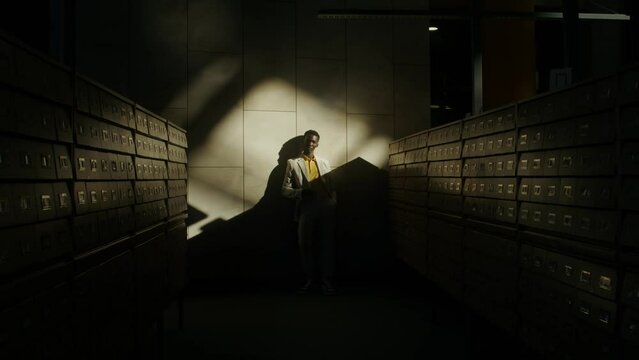A man stands in a dark room between file cabinets