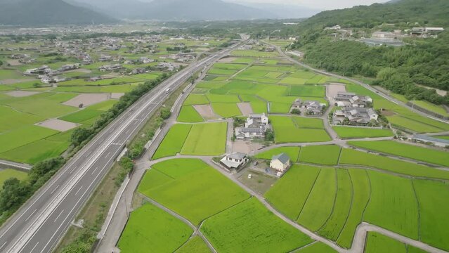Aerial view of bus and light traffic on highway through rural rice fields